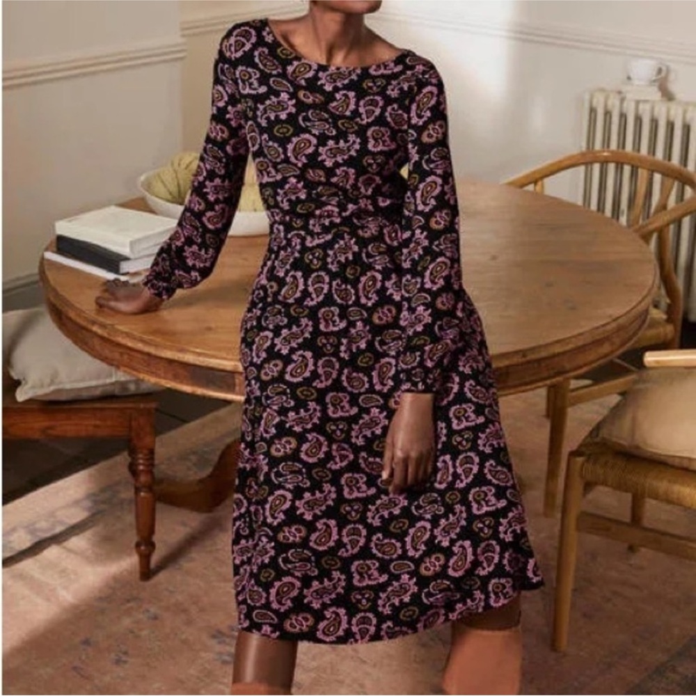 Boden Evelyn Jersey Black Pink Paisley Midi Dress Size 10 NWT